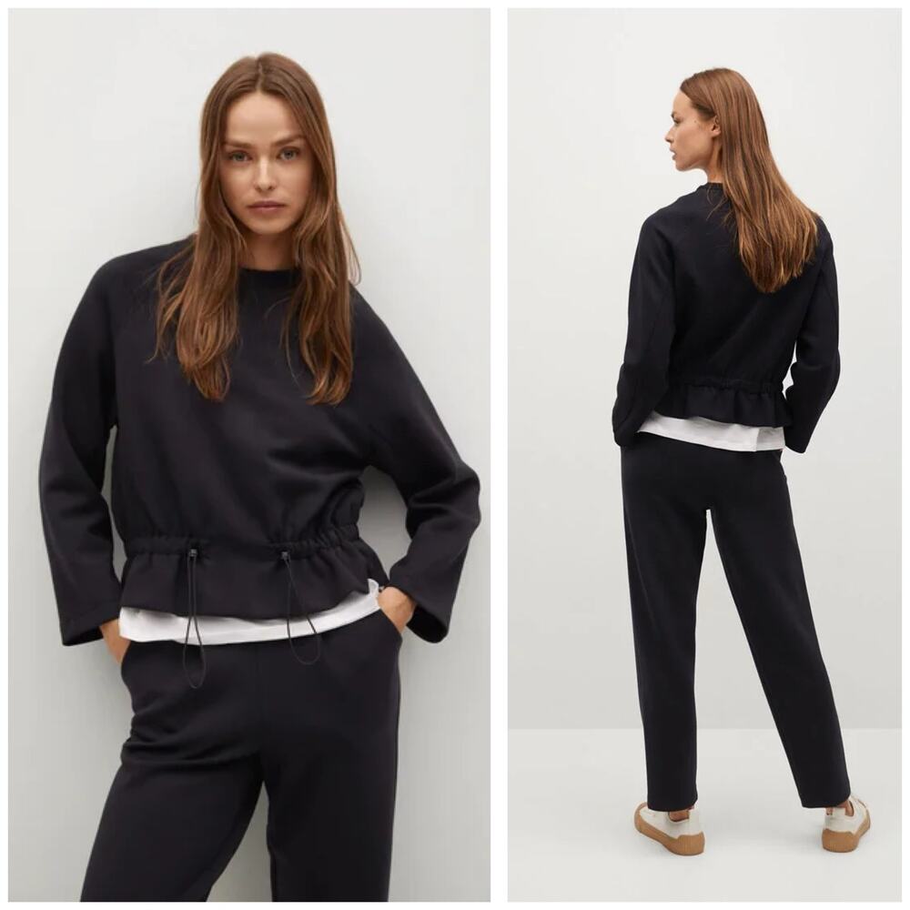 Mango Black Drawstring Cinched Waist Sweatshirt Size Small Minimalist Chic